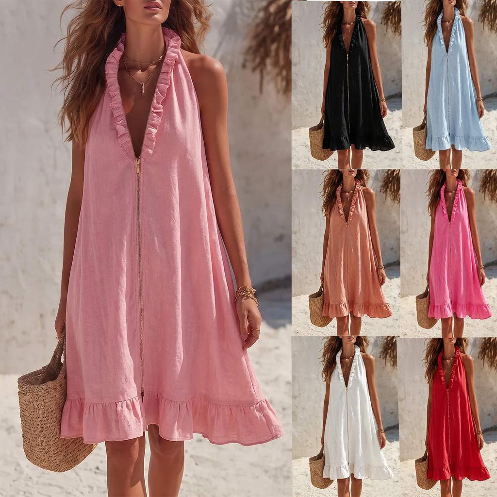 European and American style neck V-neck dress, front zipper ruffle edge loose and thin skirt