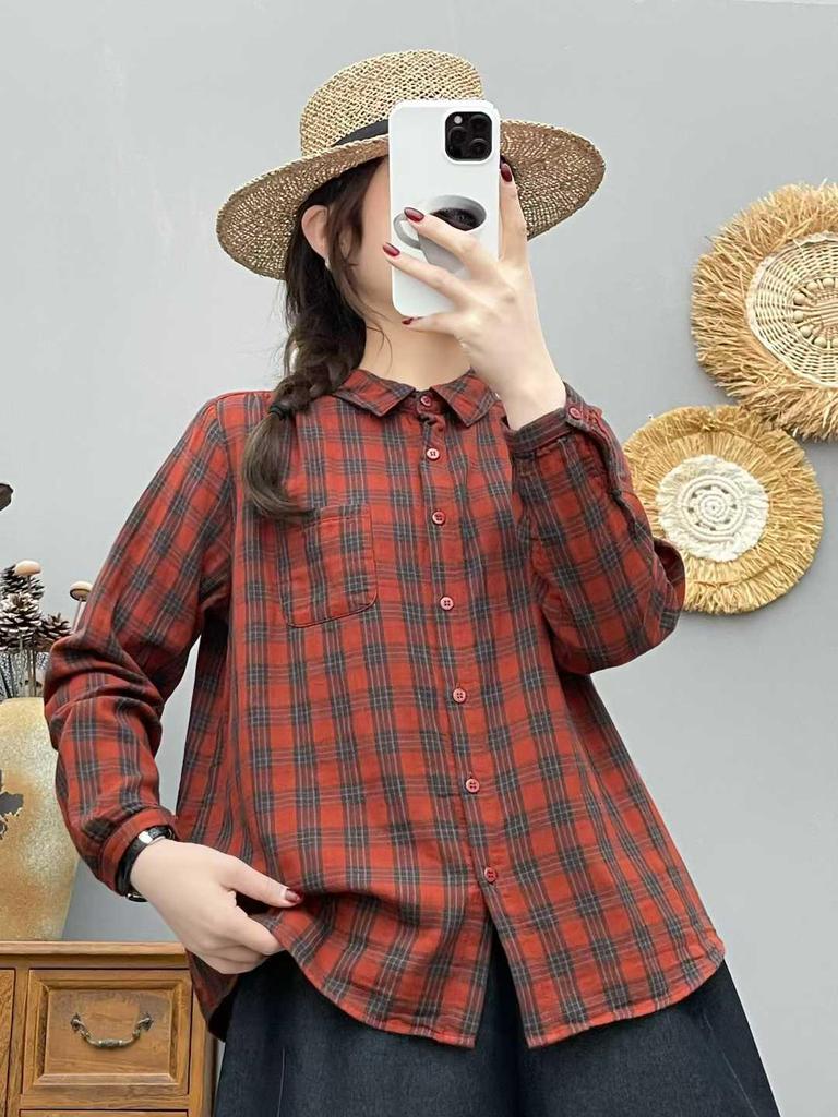 Authentic Cotton Double-Layer Gauze Plaid Shirt for Women - Long Sleeve, Loose, Versatile, Retro Style