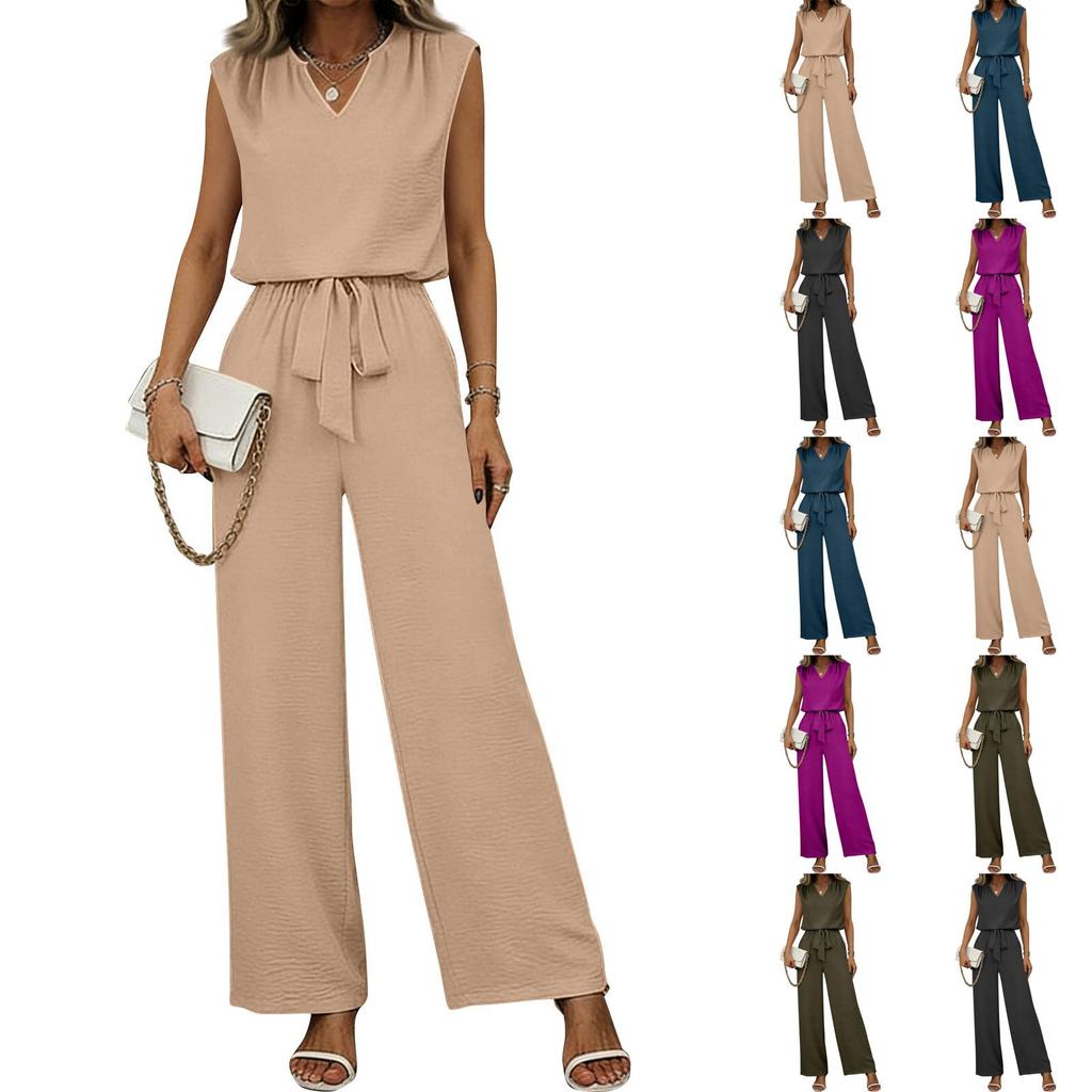 Women Sleeveless V Neck Two Piece Set Loose Fit Top with Tie Waist Wide Leg Pants Casual Lounge Outfit for Everyday Wear