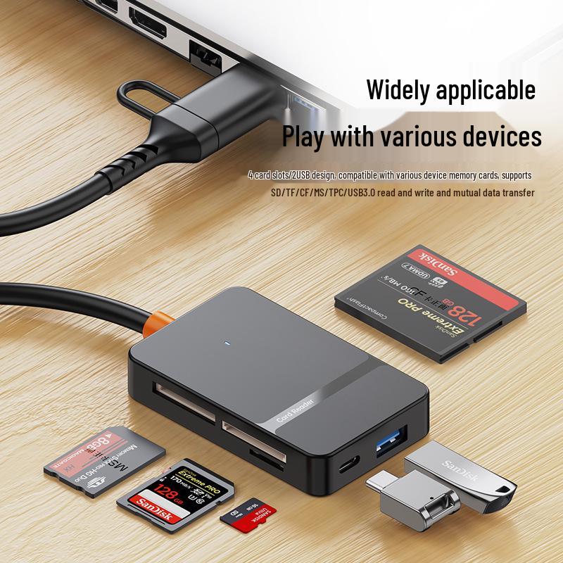 USB/Type-C 8-in-1 Card Reader: Expandable Hub for MS, CF, SD, TF Cards with USB 3.0 Compatibility for Mobile Phones and Computers.