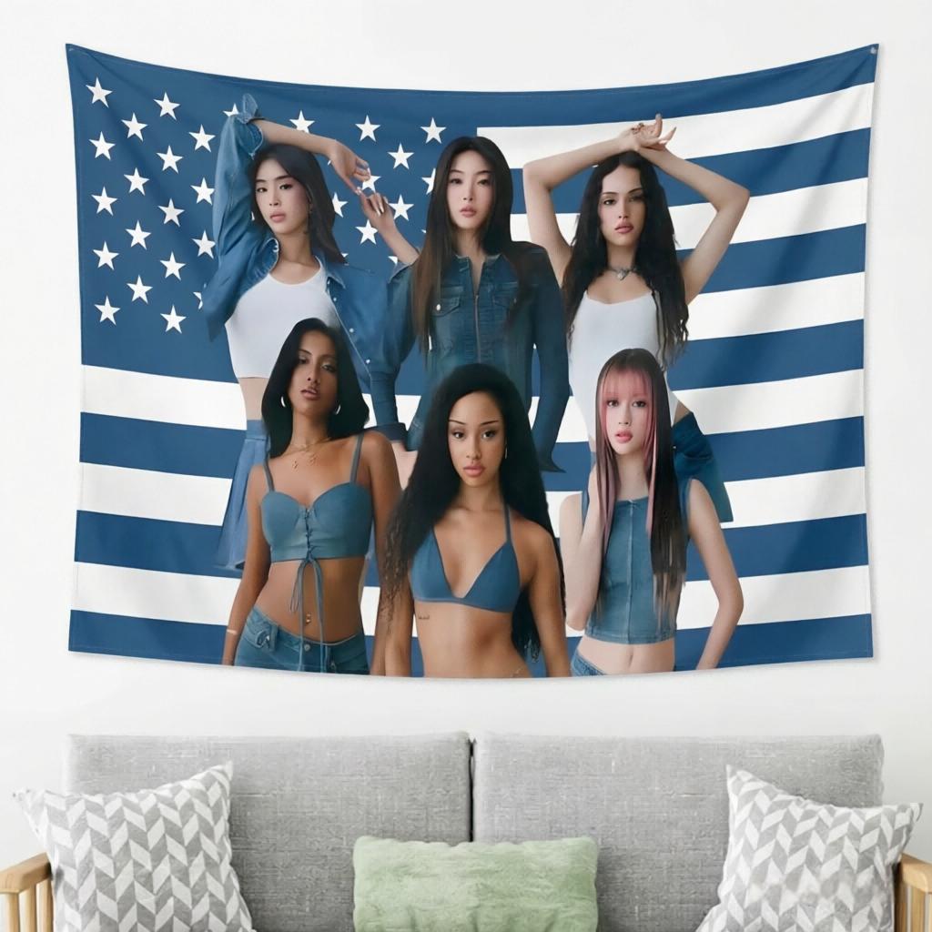 1pc Pink US Flag Banner, 7 Members Kpop Concert Wall Hanging, Flat Print Aesthetic Decor for Fan Party, Dormitory & Home