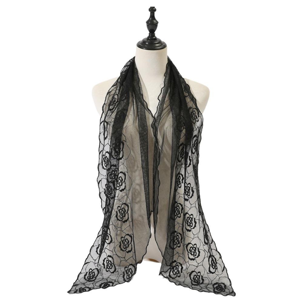 Embroidered Flower Lace Scarf Lightweight Silk Scarf Casual Sunscreen Shawl  Women чёрный
