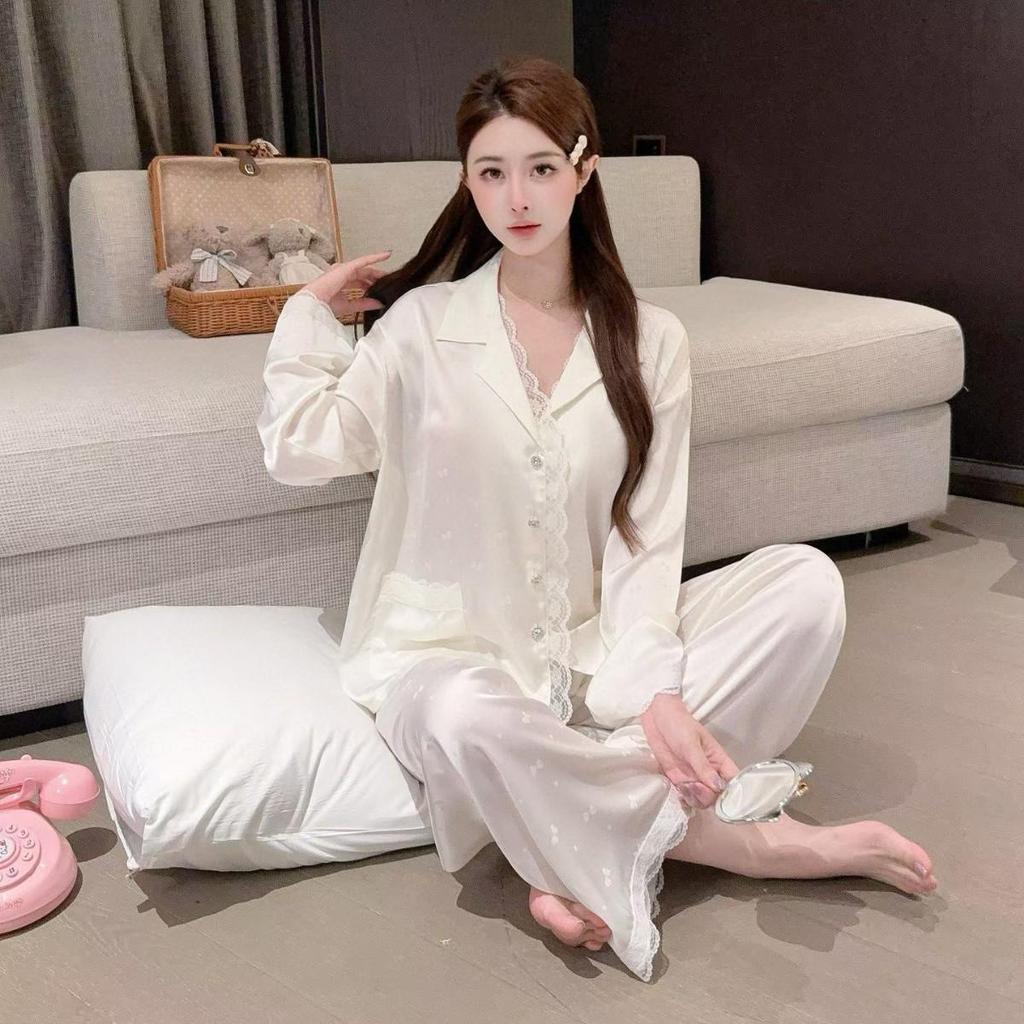 Women's Ice Silk Pajamas - Lazy Embossed Pink Lace Cardigan, Long Sleeve, Youthful Style.