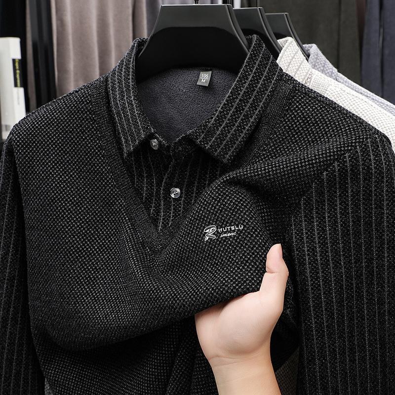 Winter Vacation Two Sweaters Men'S Polo Shirt With A Collar And Long Sleeves, Thick And Warm Base Shirt