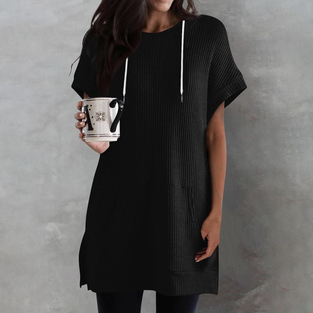 Women's Color Loose Shirts Short Sleeve Drawstring Hoodies Knit Side Slit Tunic Hooded Tops With Pocket