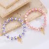 Blue Floral Printed Round Bead Bracelet Gold Tone Stone Bow Charm Vintage Chinese Style Elegant Wrist Jewelry for Women