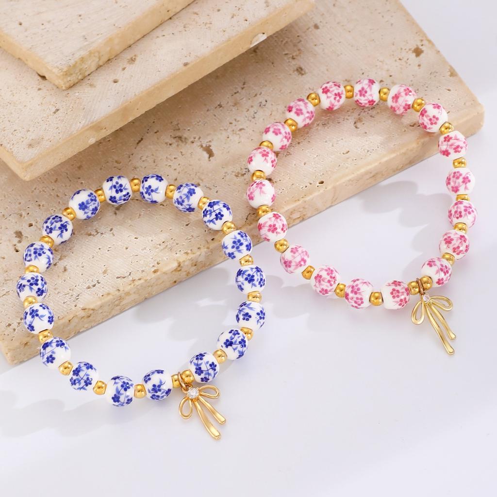 Blue Floral Printed Round Bead Bracelet Gold Tone Stone Bow Charm Vintage Chinese Style Elegant Wrist Jewelry for Women