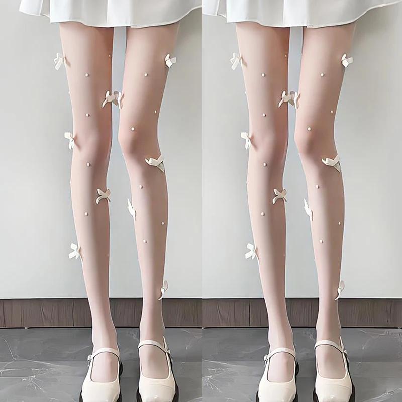1/2Pairs Sexy Bow Lace Tights Women Bowknot Pearl Hollow Mesh Fishnet Thigh High Stockings Jk Lolita Sweet Girls Tight Pantyhose