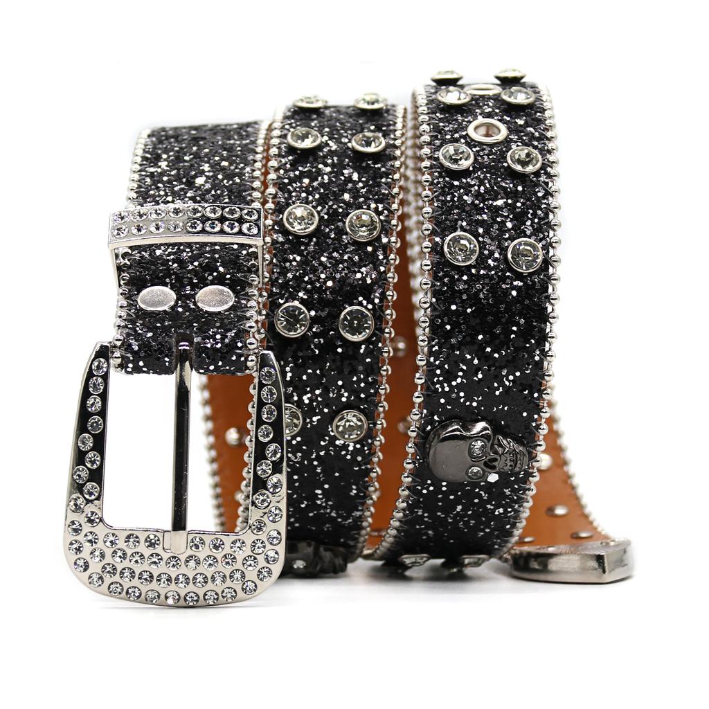 PU Leather Wide Belt Western Crystal Rhinestone Inlaid Skeleton Accessories Zinc Alloy Button Hip Hop Punk Trendy Women's 3.5cm