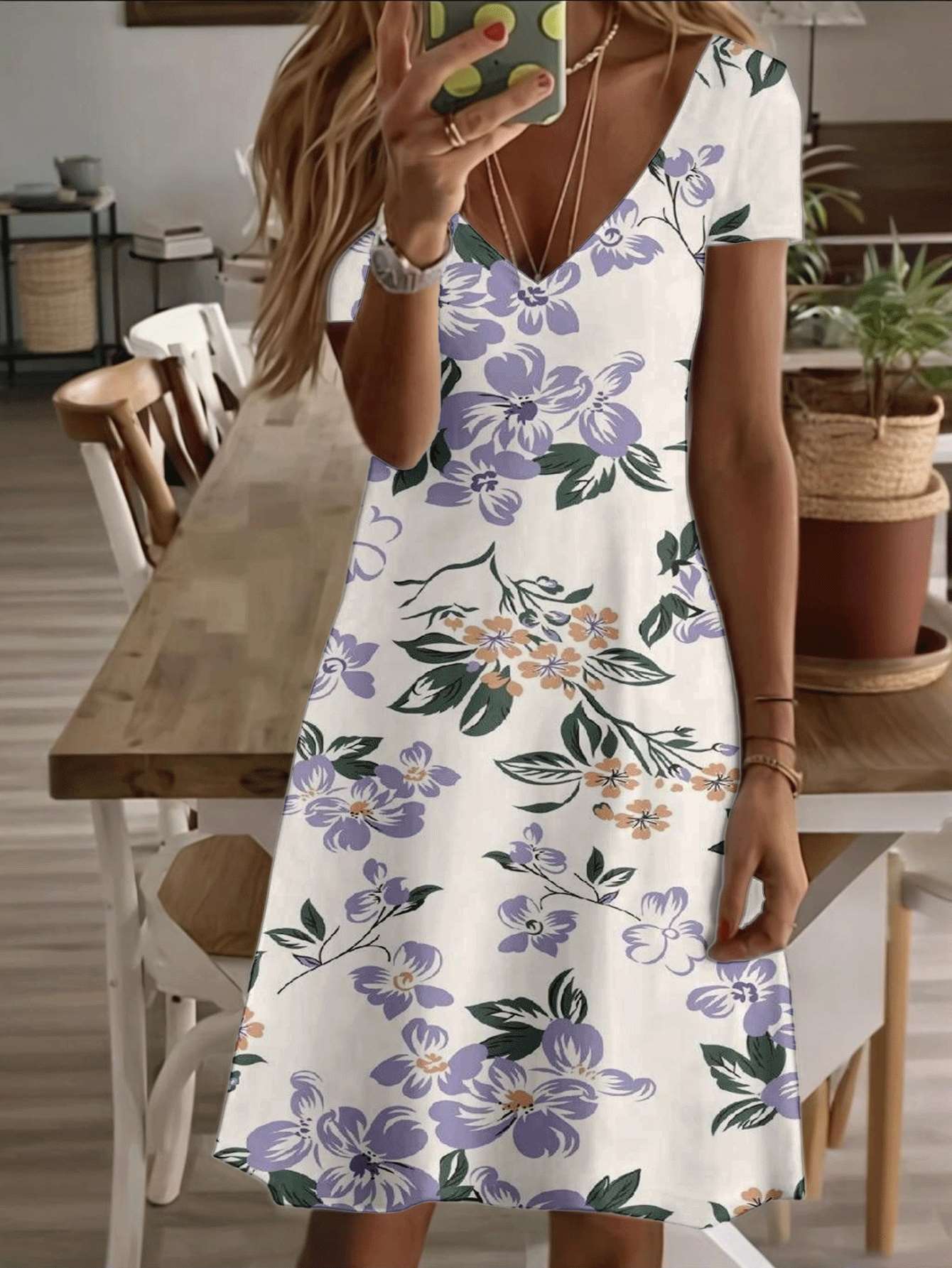 

Vneck shortsleeve midi dress purple floral print pattern 3D premium durable printing casual fashion elegant summer women outfit beach style comfortabl S дубильная кора