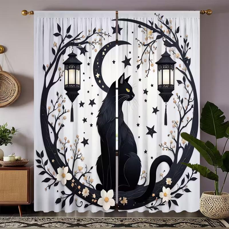 Starry Moon Black Cat Curtains Design Privacy Protection Suitable Decoration Various Scenarios Curtain Set Of 2 Made Polyester With Pole Pocket