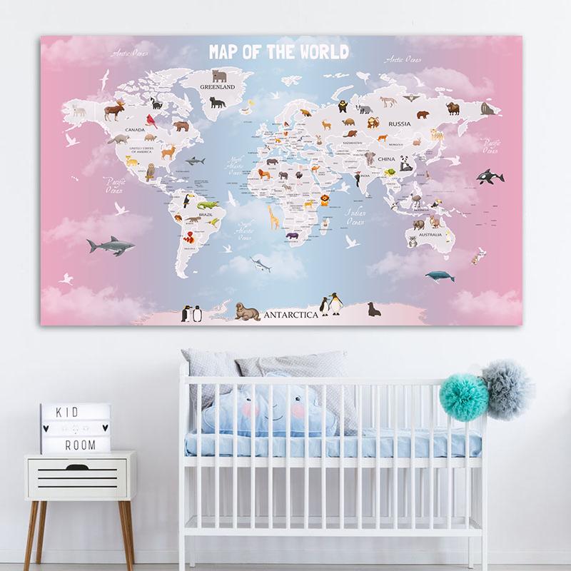 Cartoon Ocean Animal World Map Wall Art Canvas Painting Nordic Posters And Prints Nursery Wall Pictures For Kids Room Decoration