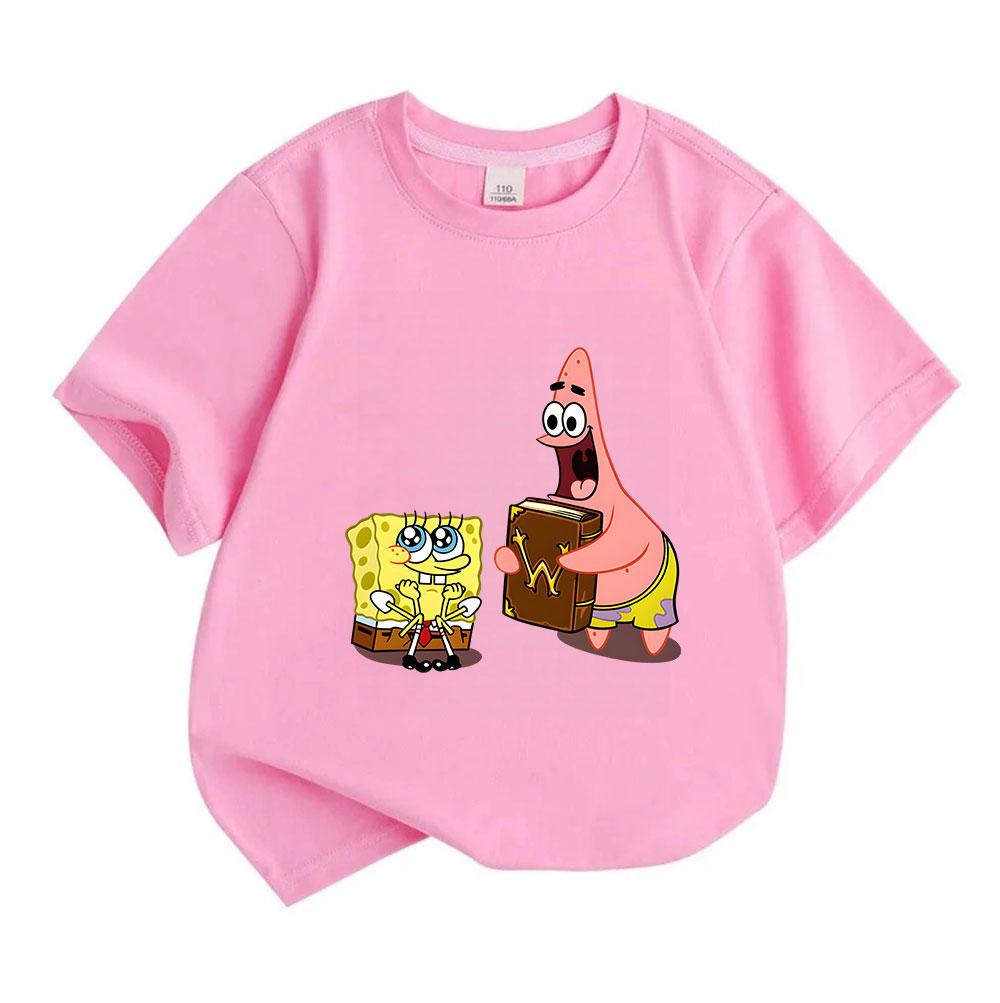 Kids Boys Girls 100% Cotton Crew Neck Short Sleeve T-Shirt, Cute Cartoon Sponge Star Character Print Casual Soft Breathable Tee for Children Daily Wea