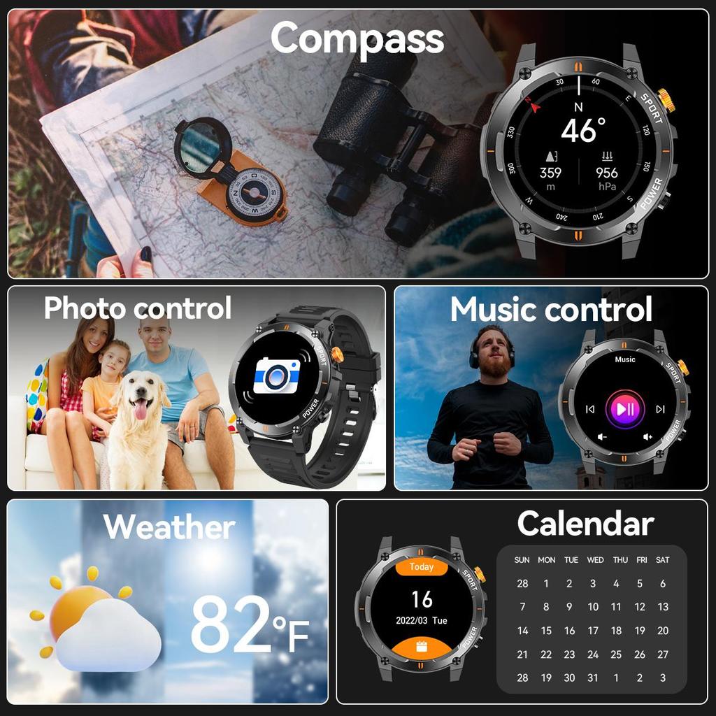 men smartwatch, Bluetooth call, LED Flashlight, IP67 waterproof fitness tracker, pedometer, music player, weather, outdoor sports fitness watch