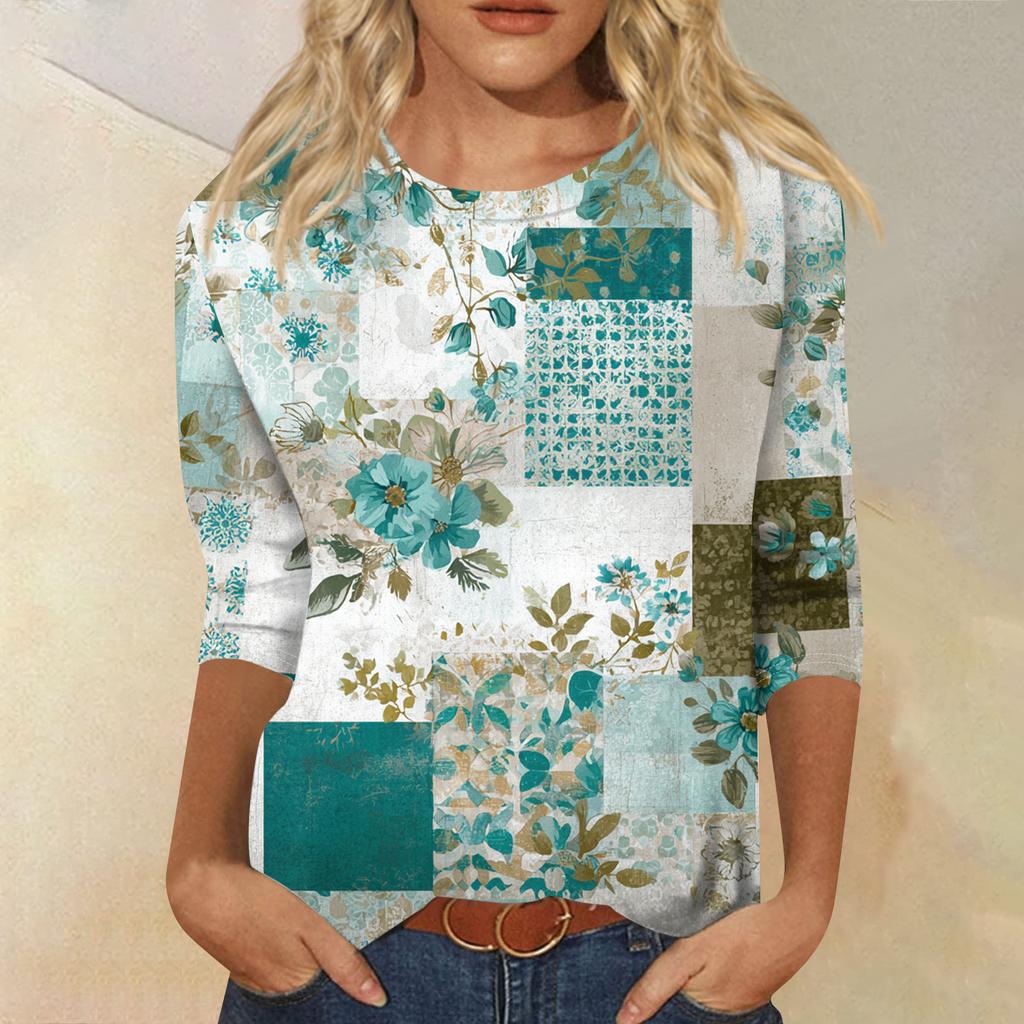 Women's Fashion Casual Round Neck Three-quarter Sleeve Retro Floral Print T-shirt Top