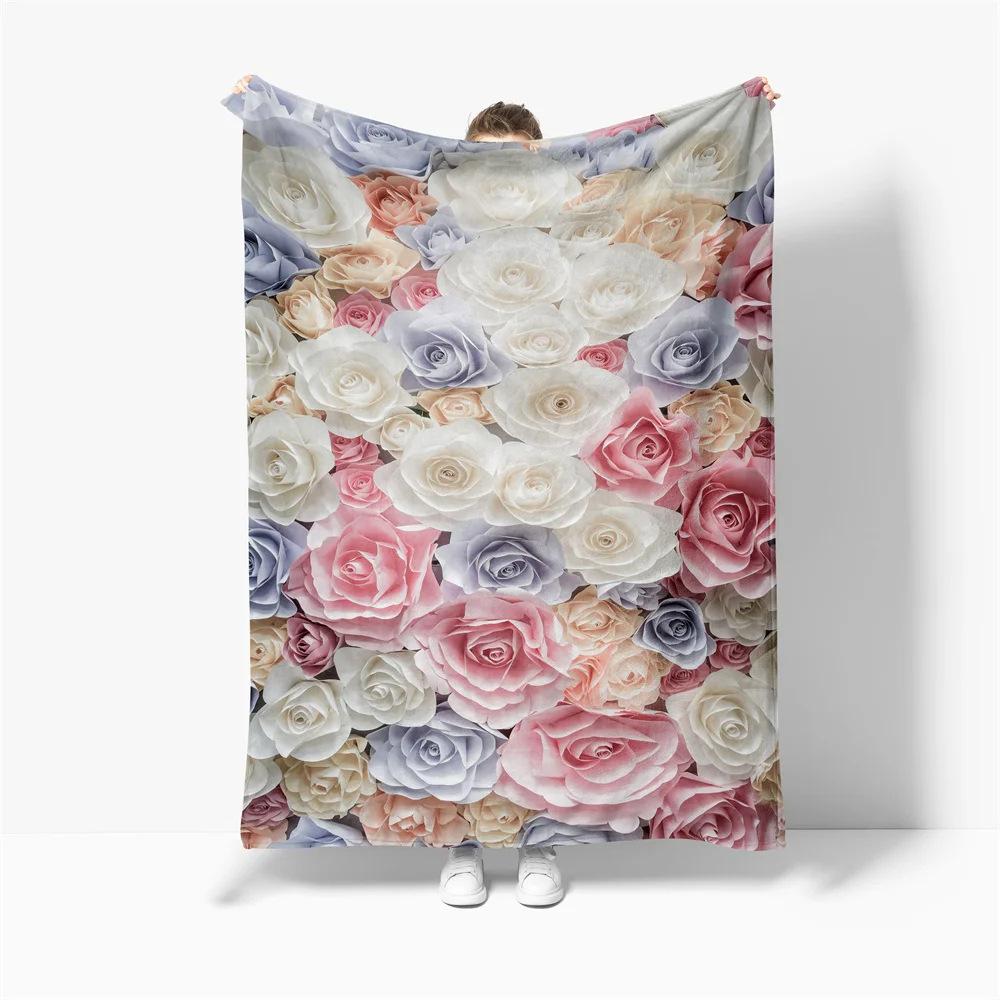 Rose Print Flannel Blanket Soft Warm All Season Blanket Sofa Bedroom Office Blanket