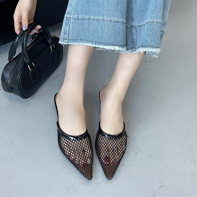 Fashion SUOJIALUN Women Slipper Fashion Pointed Toe Slip On Ladies Elegant Mesh Mules Shoes Thin High Heel Outdoor Sandal Big Size 41