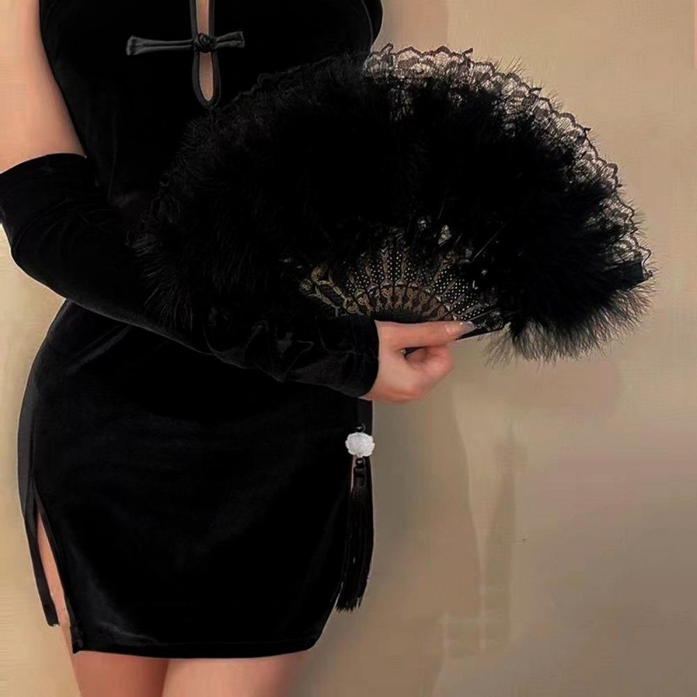 Multicolor Hand Fan Lace Wedding Party Bride Fan White Fur Folding Fan  Hand Held Party Decoration