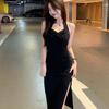 Spice Girl Sexy Black Neck Suspender Dress Women's Summer New French Slim Skinny Hips Split Dress