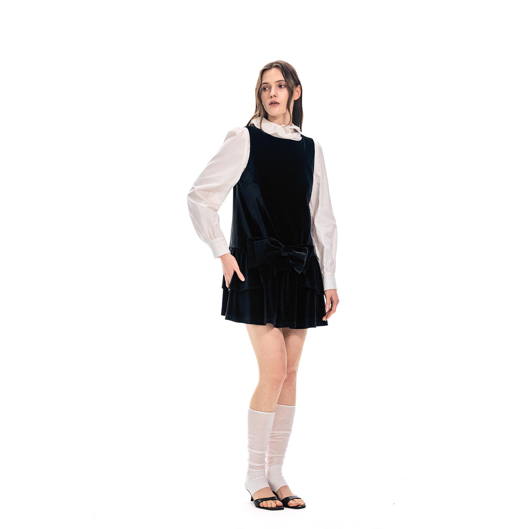 2026 Early Spring Hepburn-Style Velvet Bow Ruffle Sleeveless Dress Small чёрный