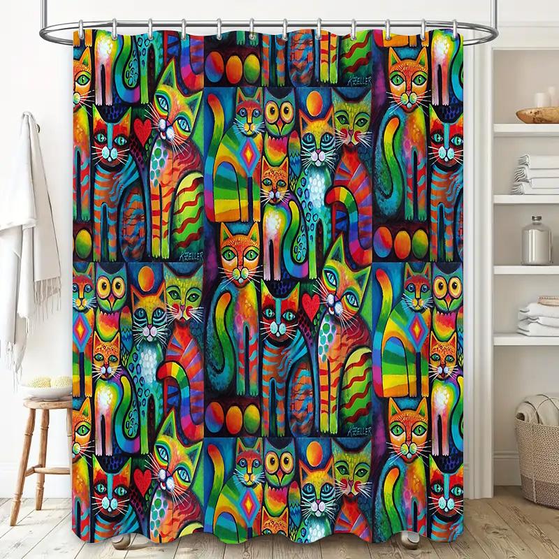 Colorful Cat Shower Curtain Cute Kitten Bathroom Decor Washable Fabric Liner Artistic Pet Lover Gift Home Decoration Modern Styl