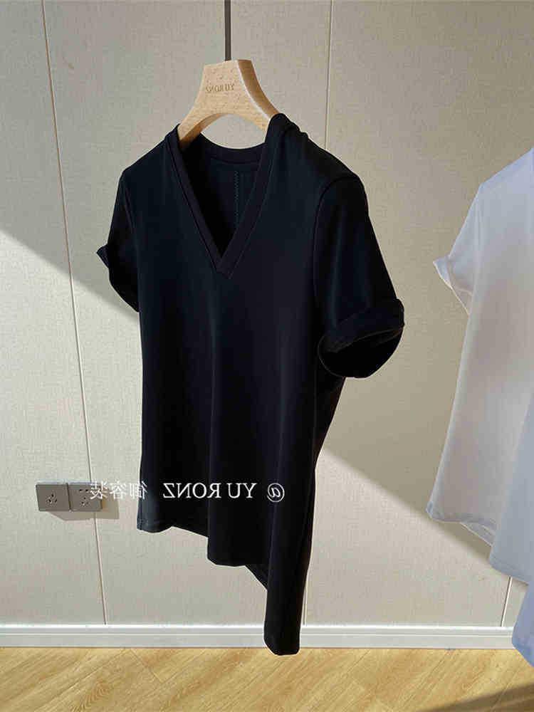 

Женская летняя футболка с V-образным вырезом и короткими рукавами - Элегантный дизайн, прямые плечи, стильный топ для ношения под одеждой M чёрный