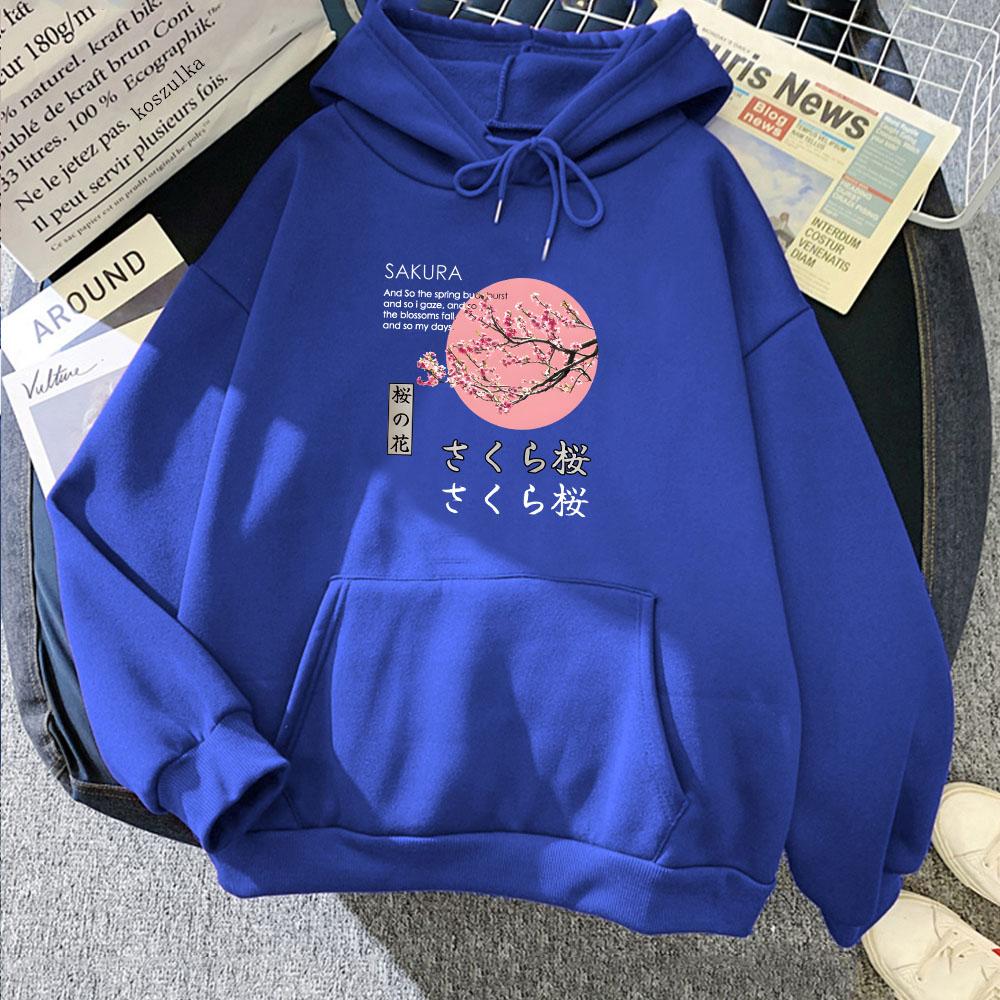 Japanese Blossom Sakura Graphic Hoodies Female Long Sleeve Hooded Pullovers Winter Cartoon Printing Sweatshirts