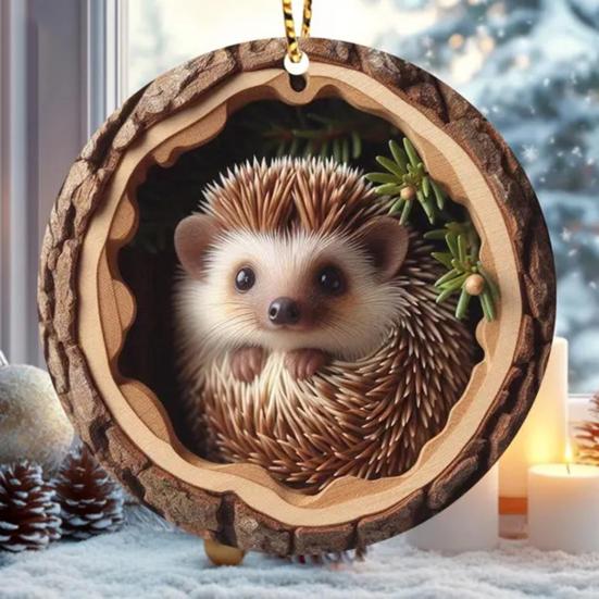 Animal Christmas Ornament Rustic 2D Acrylic Hanging Decoration Round Forest Animal Ornament