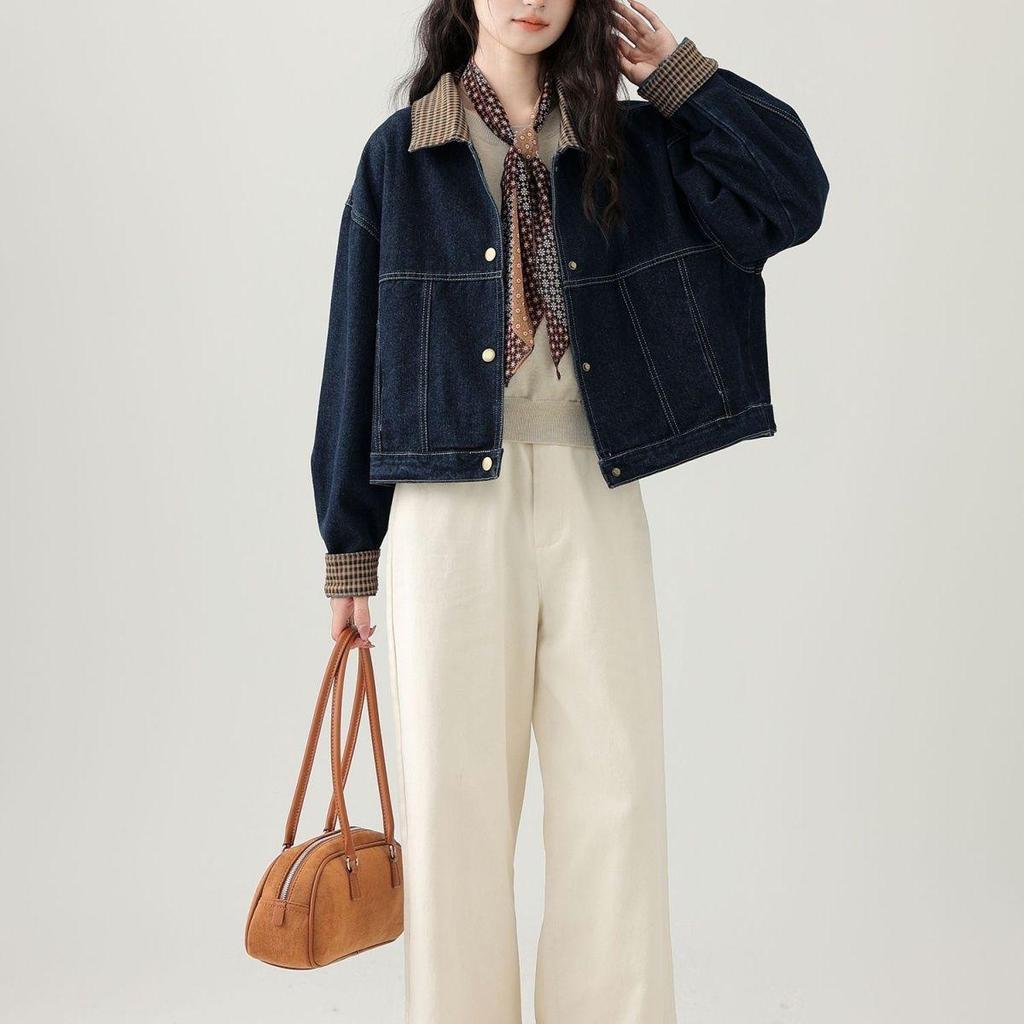 2025 A/W Hong Kong Style Plaid Patchwork Lapel Denim Short Jacket for Women - Trendy Petite Top