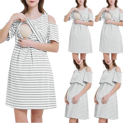 Women Maternity Summer Short Sleeve Stripe  Breastfeeding Dress