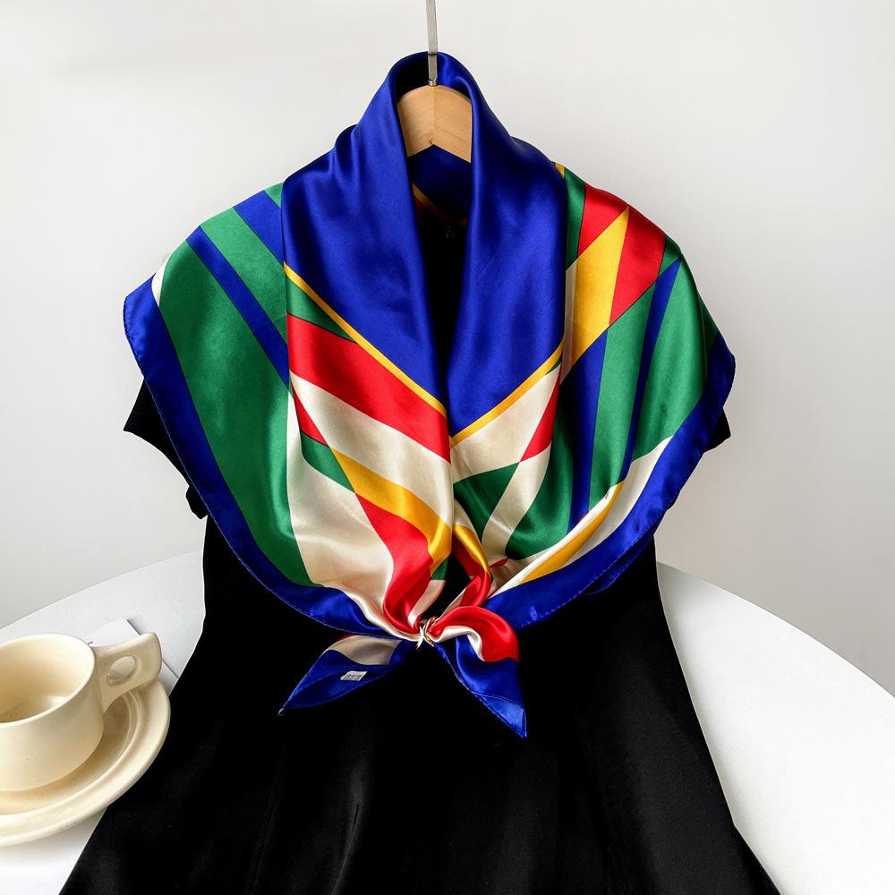 90cm Silk Scarf Large Square Scarf Women's New Patchwork Printed Flower Sateen Scarf Wrap Turban Shawl