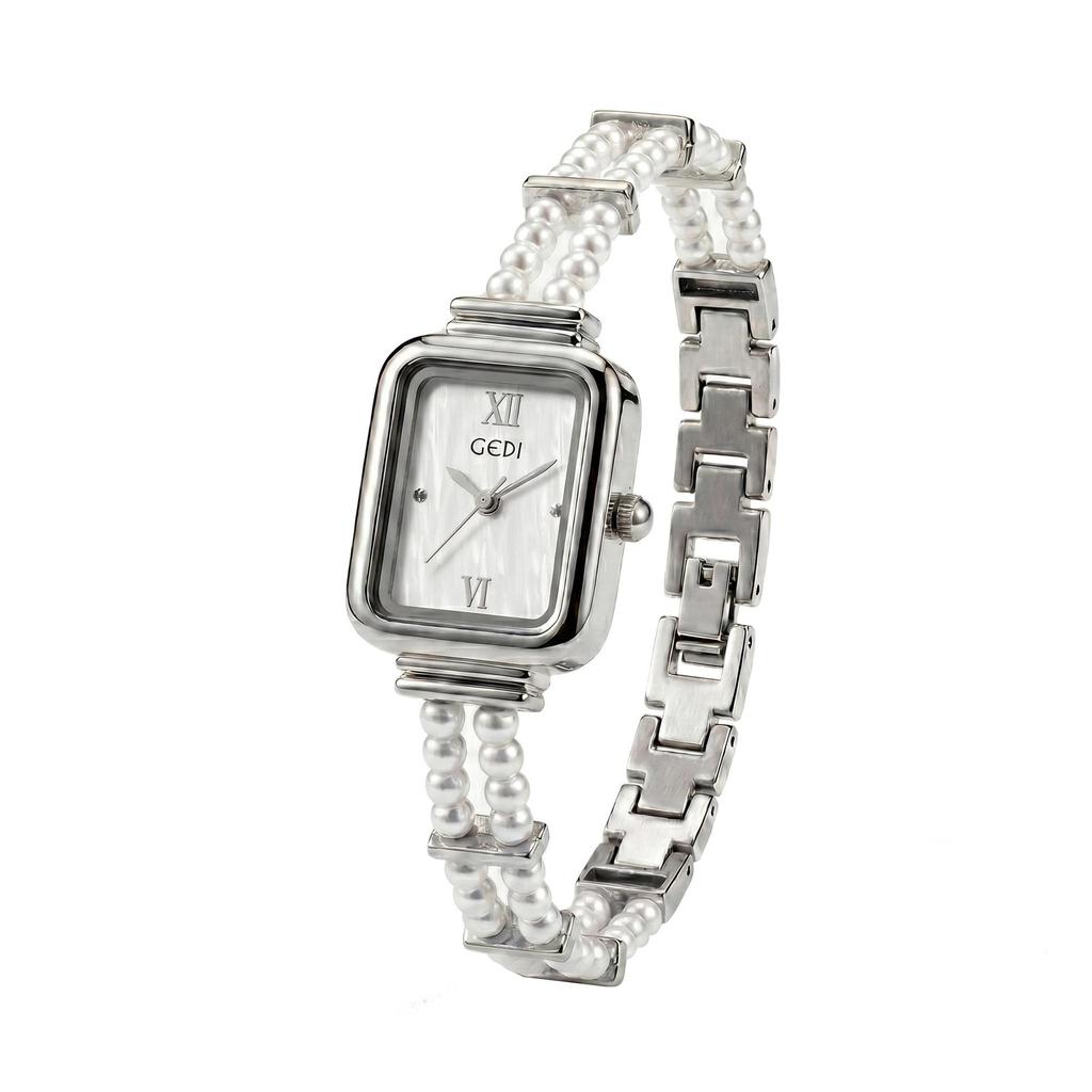 Gedi Women's Pearl Bracelet Quartz Watch - Roman Numerals, Mother-of-Pearl Dial, Double Strand Pearls, Light Luxury Style