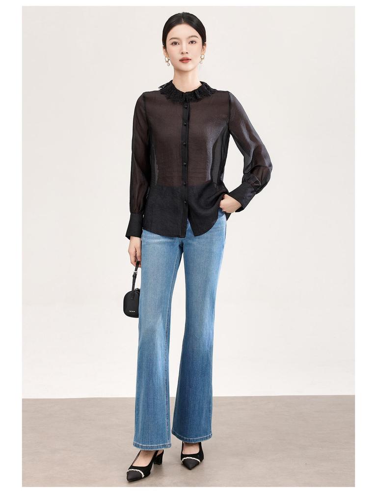 Nanyou High-Quality Lace Trim Mist-Effect Ice Silk Long-Sleeve Women's Shirt