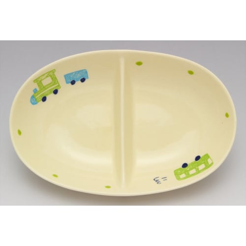SOUSEN Medium Plate, Yellow-Green, 18cm, Seto Ware, Two-Compartment Plate with Train and Bus Design