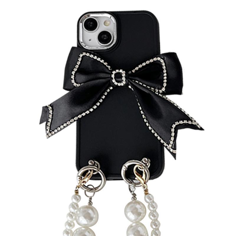 For Apple 16 Promax Solid Color Silicone Phone Case for IPhone 14 Bow 15 Pearl Hand Chain Cross Body