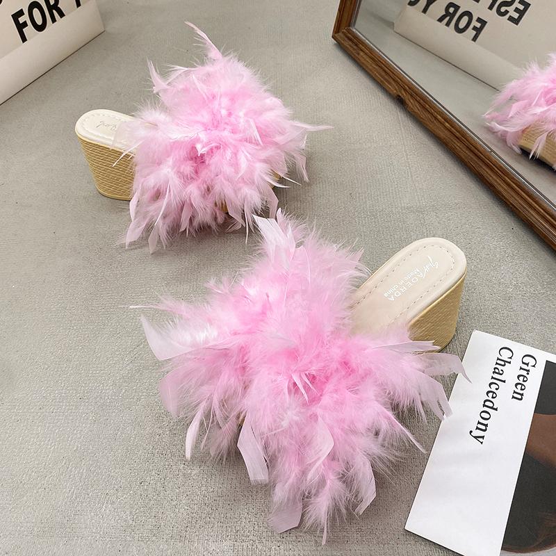 Fashion Aphixta New 7CM Wedge Heel Slides Colorful Real Fur Women Slippers Furry Summer Shoes Platform Hair Slides Big Size 43 Sandals