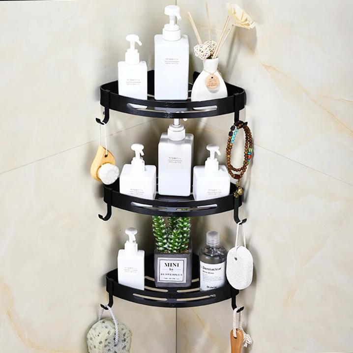 Metal corner bathroom shelf loft + shower hangers for cosmetics