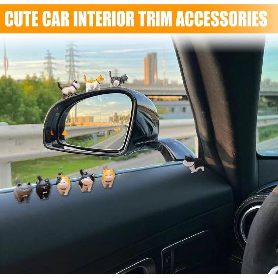 9PCS Car Cute Cat Decorations, Fun Car Rear View Mirror Ornaments, Cat Figurines Set Dashboard Decorations, Universal Auto Interior Accessories for