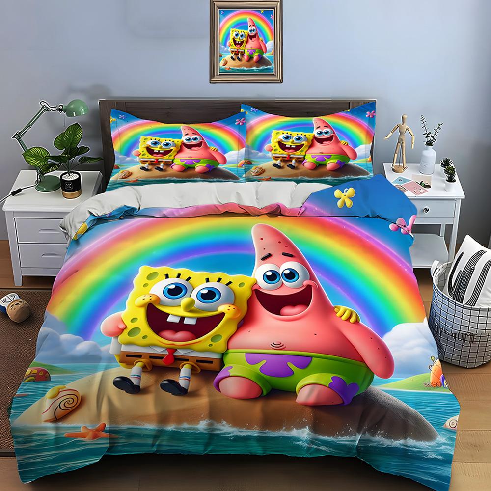 Multiple Sizes Spongebob Cartoon Print Bedding Set 1 Duvet Cover 2 Pillowcases Adult And Kids Bedding Set Luxury Gifts