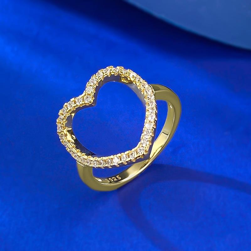 New S925 Silver Yellow Hollow Heart Ring Set with Love, Small and Elegant, Women's Niche Wedding Jewelry