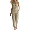 Completi da Donna in Cotone e Lino a 2 Pezzi, Top a Canotta Senza Maniche con Scollo a V e Pantaloni a Gamba Larga, Outfit Casual da Casa con Tasche