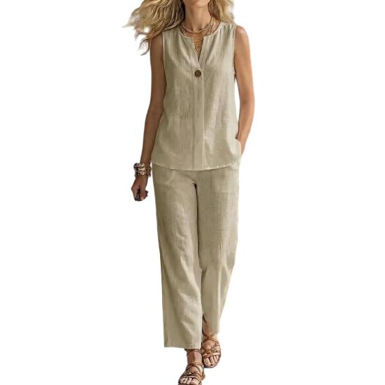 Completi da Donna in Cotone e Lino a 2 Pezzi, Top a Canotta Senza Maniche con Scollo a V e Pantaloni a Gamba Larga, Outfit Casual da Casa con Tasche