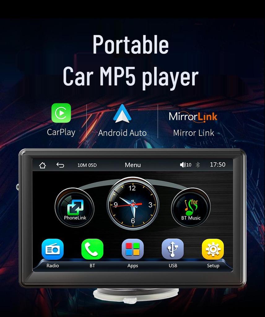 7" Portable Car Bluetooth MP5 Player with Android Auto, Rear View, Apple CarPlay, and Reversing Screen