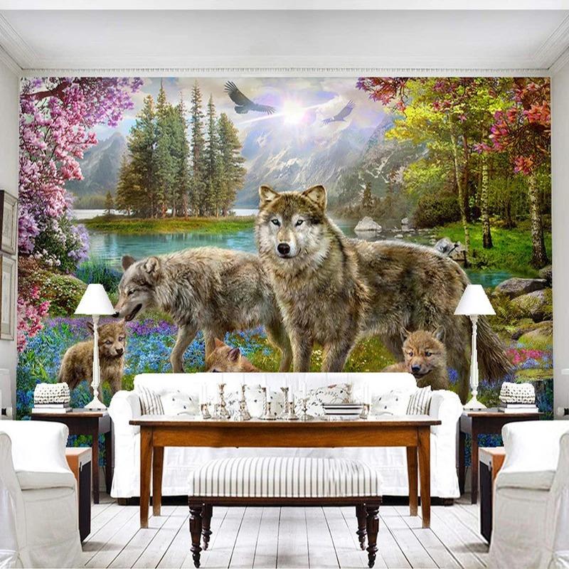 Forest Wallpaper Red Peach Blossom 3d Wall Mural Gray Wolf Animal Children Fresco Kid's Room Murals Decor
