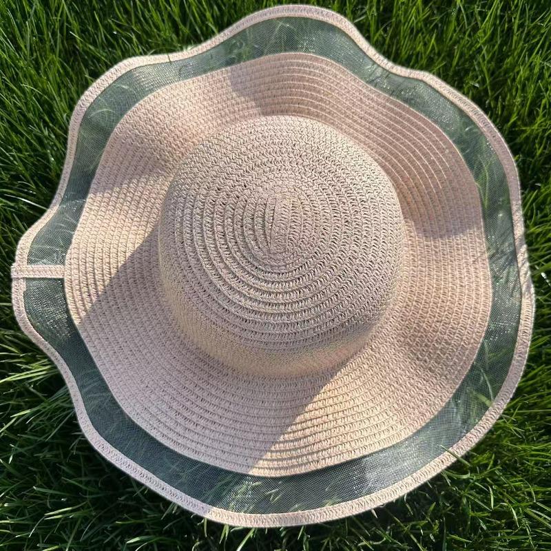 Mesh Wavy Edge Straw Hat Summer Travel Beach Sun Hat Breathable Sunshade Big Eaves Woven DIY Sunscreen Straw Hat