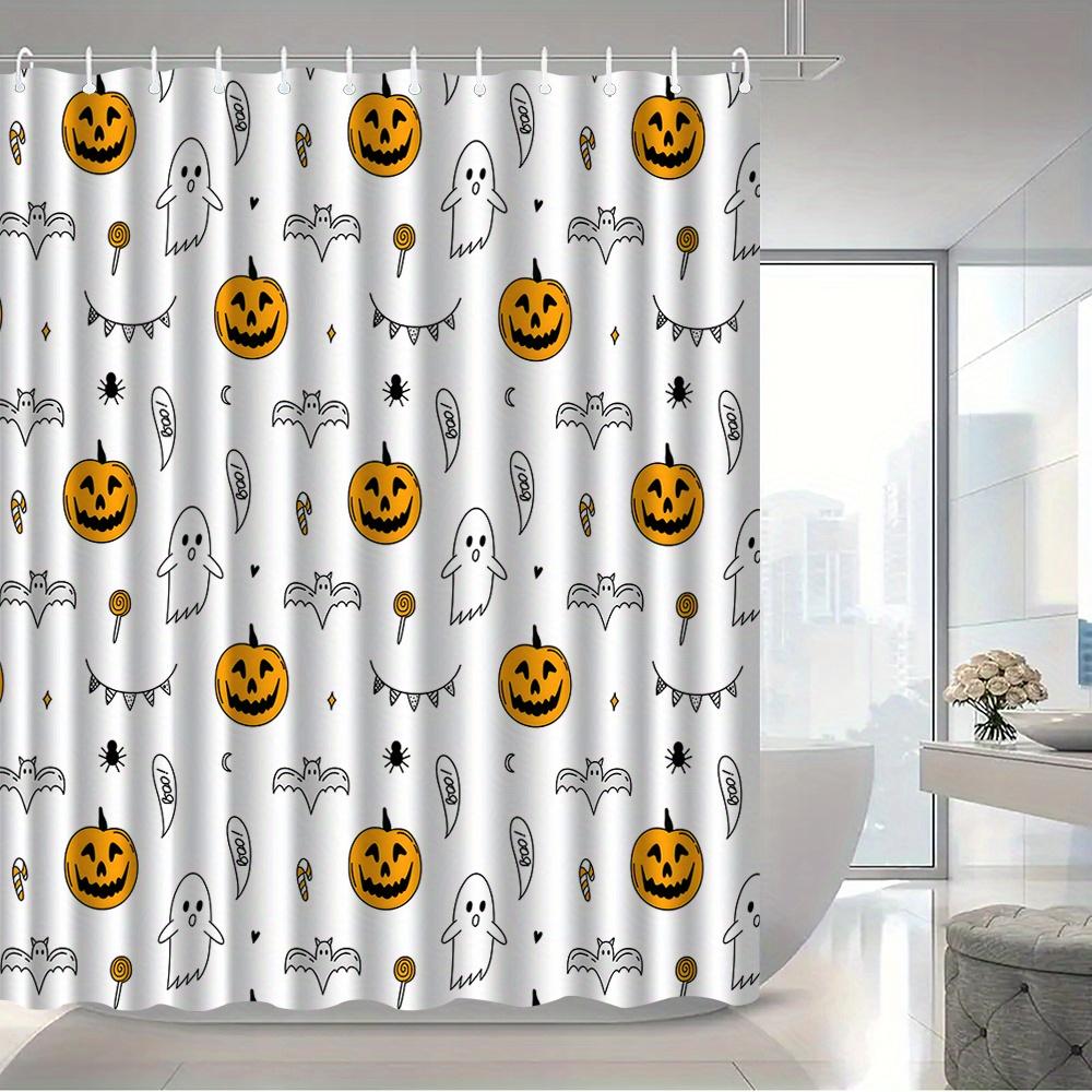 1pc Pumpkin-patterned shower curtain, polyester fabric, machine washable, with hooks, suitable for bathroom décor.