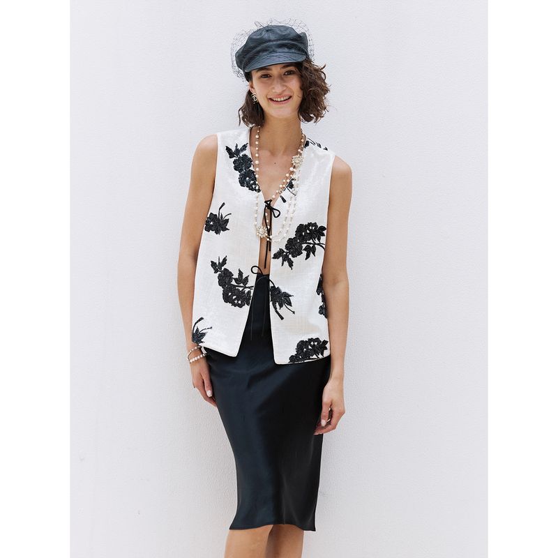 

Blacknini/ Ink Dye Light Spain Import Luxury Brand Same Material New Chinese Style Sequin Shoelace Vest White XS