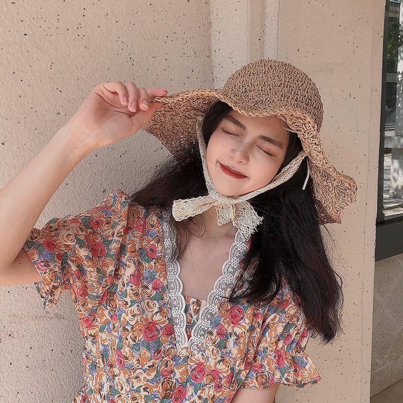 Womens Wide Brim Straw Hat With Lace Trim Ties Breathable Sun Beach Travel