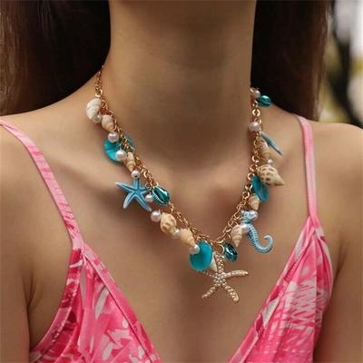 Collier Pendentif Étoile de Mer Coquillage Exagéré Style Océanique Choker Coquillage Perle pour Femmes Bijoux de Fête sur la Plage
