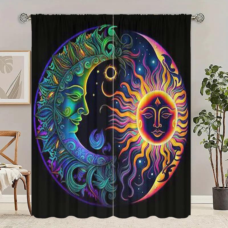 

2pcs- Bohemian Sun and Moon Polyester curtains, pole bag curtains 42*84, bedroom, living room, home room decoration 29Wx64L(75x166CM)x2